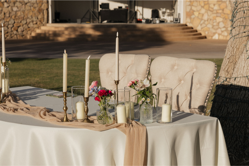 Detail shot of sweetheart table for wedding reception.